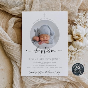 Baptism Photo Invitation Template, Printable Modern Minimalist Christening Invite, Editable Elegant Dedication Invite, Instant Download, #BM