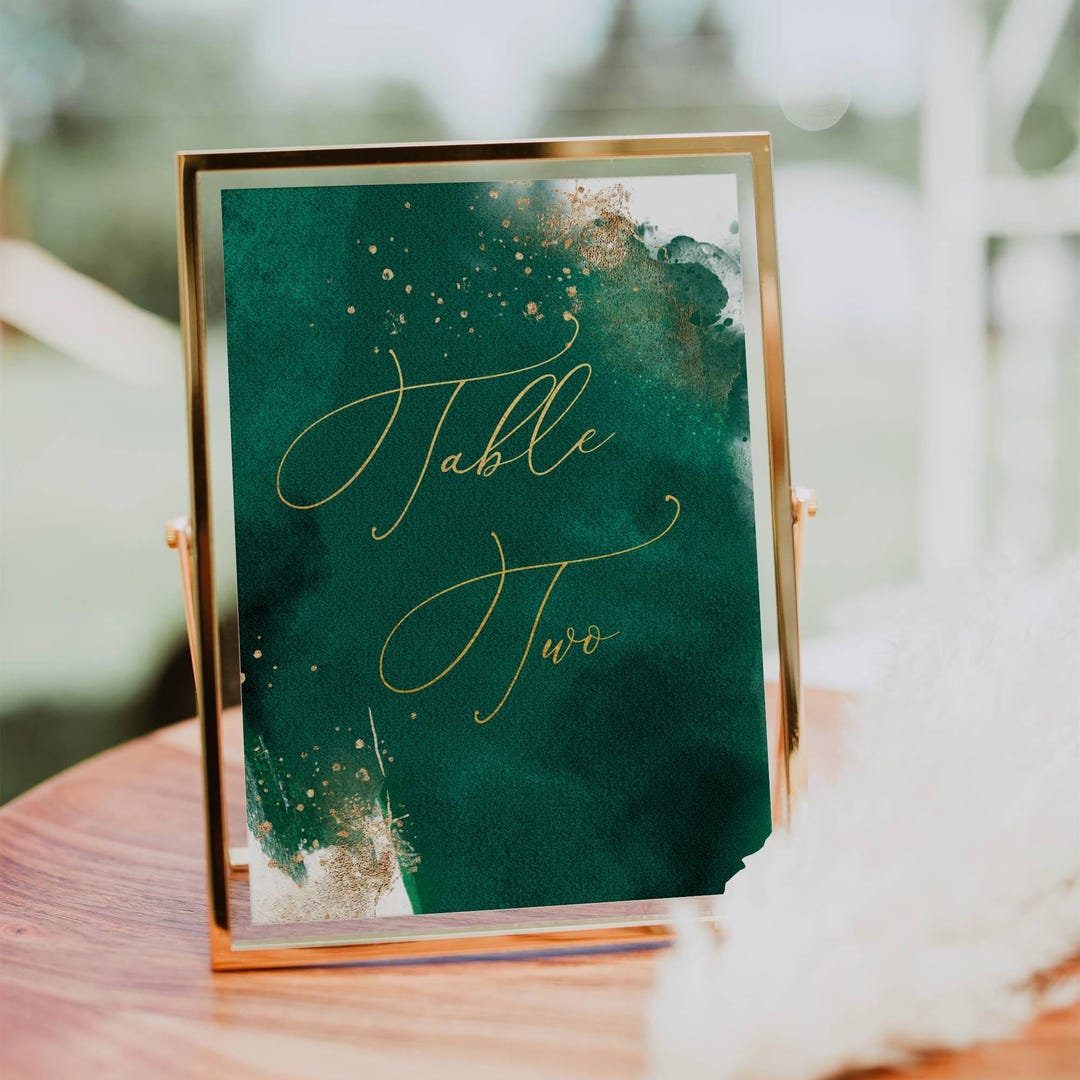 Plantilla de número de mesa en acuarela esmeralda, letreros de boda ...