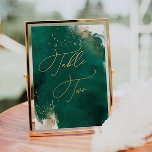 Emerald Watercolor Table Number Template, Printable Hunter Green & Gold Wedding Table Signs, Editable Modern Decor, Instant Download, #WC4