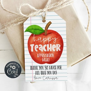 May include: A red apple with a green leaf on a white background with blue lines. The apple has the words "Happy Teacher Appreciation Week!" written on it. The text "Thank you so much for all that you do! Love Carissa" is written below the apple.