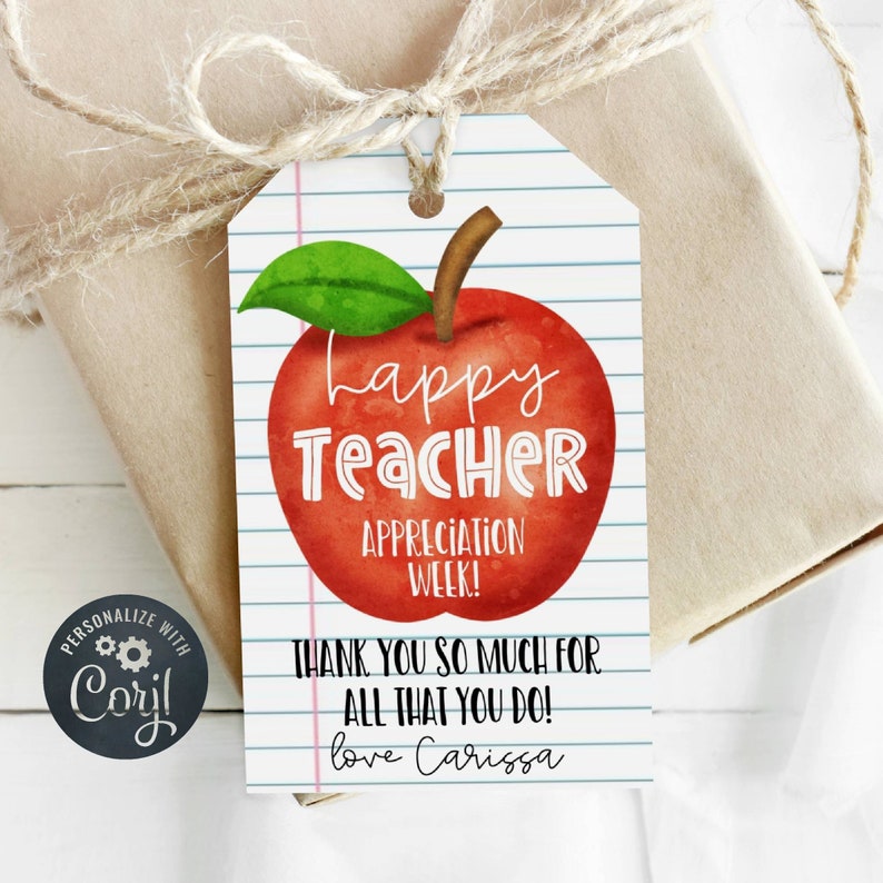 May include: A red apple with a green leaf on a white background with blue lines. The apple has the words "Happy Teacher Appreciation Week!" written on it. The text "Thank you so much for all that you do! Love Carissa" is written below the apple.
