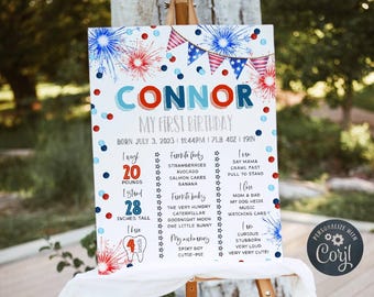 Può includere: Un cartello di compleanno personalizzato su un cavalletto. Il cartello è bianco con dettagli rossi, bianchi e blu, tra cui fuochi d'artificio e uno striscione. Presenta il nome "CONNOR" e dettagli sulla nascita del bambino, il peso (9.07 kg) e l'altezza (71 cm).