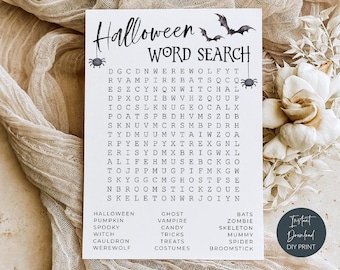 Può includere: Un foglio di gioco di ricerca parole di Halloween rettangolare bianco con testo nero, due illustrazioni di ragni neri e due illustrazioni di pipistrelli neri. La griglia contiene varie lettere e un elenco di parole da trovare.
