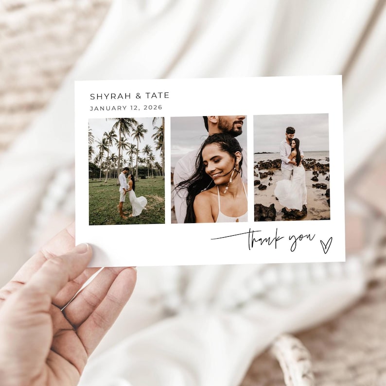 May include: A rectangular white thank you card featuring the text SHYRAH & TATE and JANUARY 12, 2026 at the top. The card displays three photographic panels of a couple and includes the handwritten-style text Thank you with a small heart icon.
