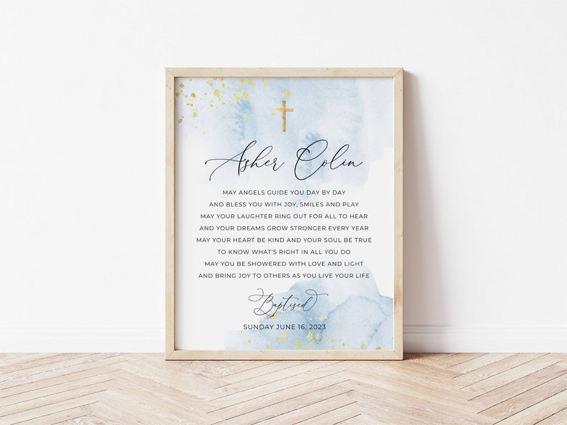 Baptism Prayer Sign Template Printable Blue &amp; Gold | Etsy