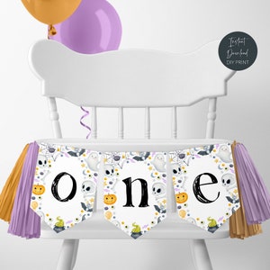 Spooky One Birthday High Chair Banner Template, Printable Halloween First Bairthday Garland, October Birthday Decor, Instant Download, #H3