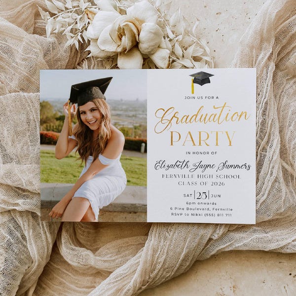 Minimalist Gold Graduation Party Photo Invitation Template, Printable Graduate Announcement, Editable Grad Party Invite, Digital Download