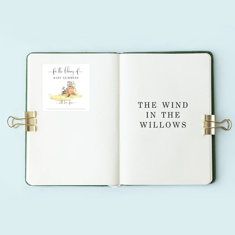 May include: Open journal with the title "The Wind in the Willows" printed on the right page. A sticker on the left page reads "For the library of Baby Summers" with a watercolor illustration of books and a tree stump. Gold binder clips secure the pages.