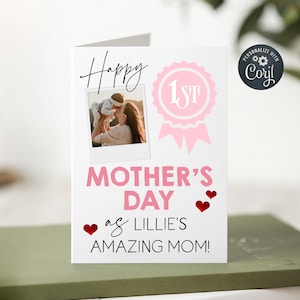 Modelo editável de cartão de primeiro dia das mães, cartão com foto para primeiro dia das mães para impressão, cartão de felicitações incrível para mamãe, cartão para mamãe, download instantâneo