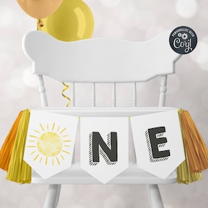 Sunshine Birthday One High Chair Banner Template, Printable First Trip Around The Sun Garland, Editable Sun Decor, Instant Download, #S1