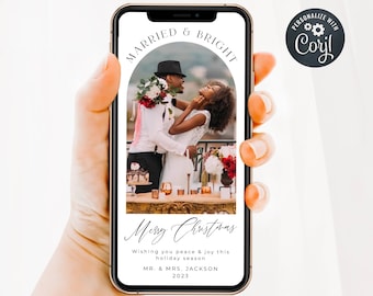 Electronic Modern Married & Bright Photo Holiday Card Template, Editable Newlywed Digital Christmas Card Text Message, Digital Download