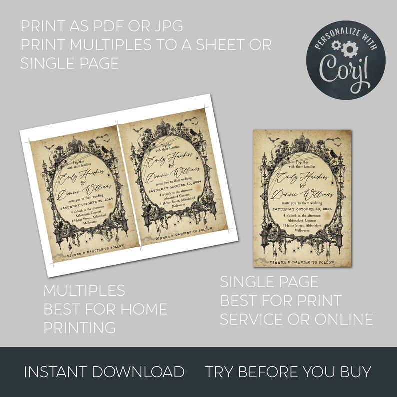Puede incluir: Dos invitaciones de boda imprimibles con un tema g&oacute;tico, espeluznante y de Halloween. Las invitaciones presentan una ilustraci&oacute;n en blanco y negro de una casa encantada con murci&eacute;lagos, cuervos y una luna creciente. El texto en las invitaciones dice: "Juntos con sus familias Carly Handers & Donnie Williams los invitan a su boda S&aacute;bado 30 de octubre de 2024 4 en punto de la tarde 1 Holder Street, Abandoned Millhouse Cena y baile despu&eacute;s"