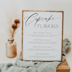 Cupcake Geschmacksrichtungen Zeichen Vorlage, druckbare Hochzeit Cupcake Menü Zeichen, bearbeitbare moderne Braut Baby Dusche Kuchen Bar Zeichen, sofortiger Download, #MW1