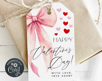 Plantilla de etiqueta de regalo de San Valentín con lazo rosa, etiqueta imprimible para obsequios de San Valentín, etiqueta editable para dulces de aula escolar, descarga digital.