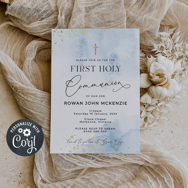 Editable Blue & Gold First Holy Communion Invitation Template, Printable Boy Light Blue Watercolor Communion Invite, Instant Download, #BB