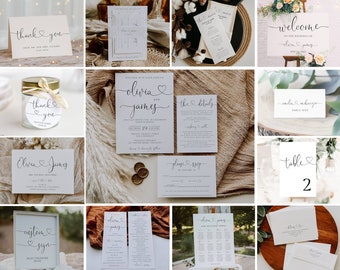 May include: A wedding invitation bundle with a modern heart theme. The bundle includes a welcome sign, table numbers, a thank you card, a save the date card, and a wedding invitation with details. The invitation features a heart with the couple's names, Olivia and James, and the date of the wedding. The bundle is editable using Corjl.