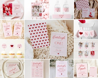 May include: A collection of pink and red party supplies for a first birthday celebration. Includes invitations, thank you cards, cupcake toppers, water bottle labels, a banner, and a time capsule. The theme is decorated with hearts and the name "Everleigh".