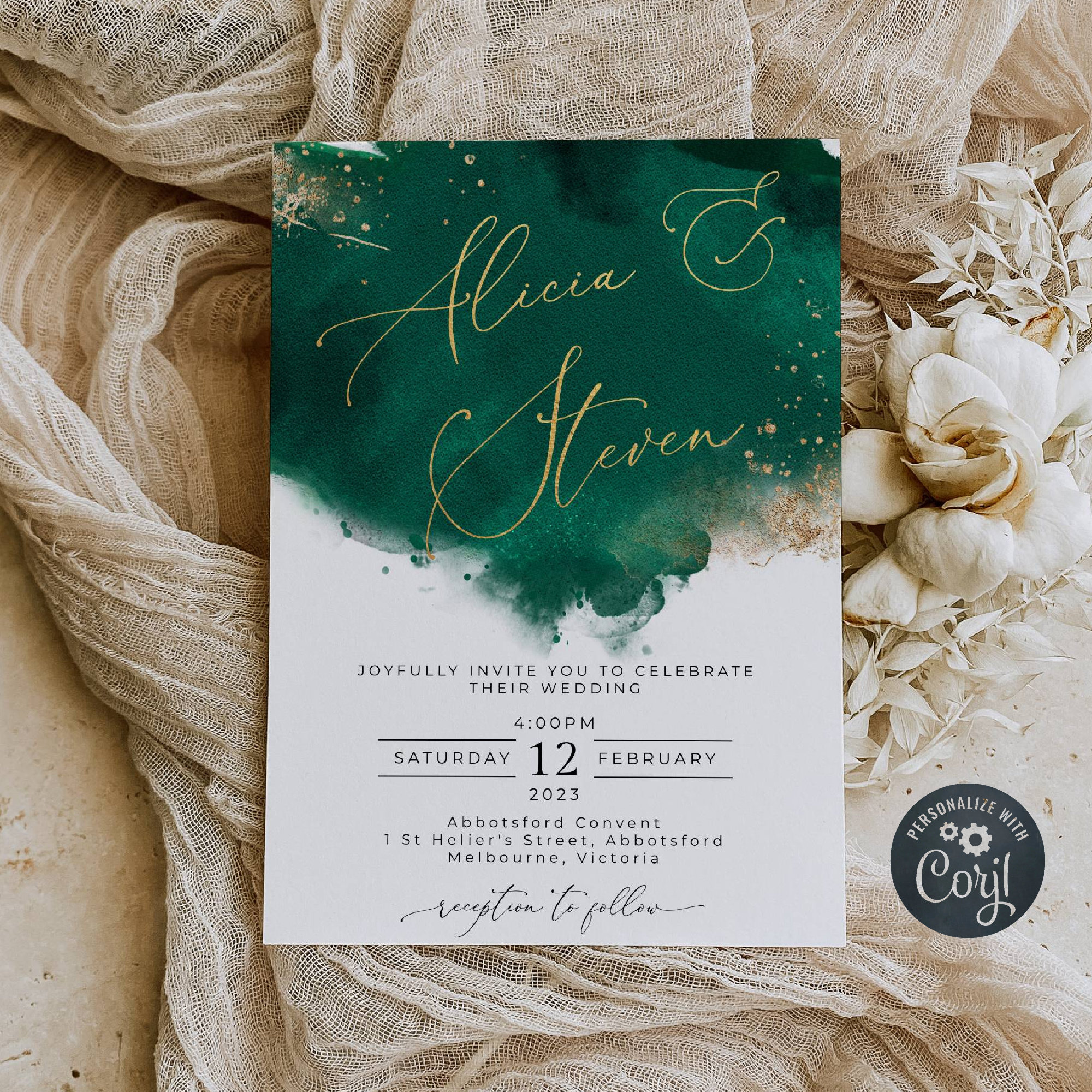 Plantilla de invitación de boda con acuarela esmeralda, imprimible, verde  cazador y dorado, moderna y editable, descarga instantánea, #WC4 - Etsy  México, image size:2000x2000