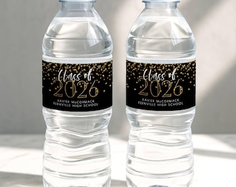 2026 Abschluss Wasserflasche Etikettenvorlage, druckbare moderne schwarze Konfetti Wasserflasche Wraps, bearbeitbare Grad Gefälligkeiten, digitaler Download, #BG