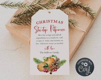 Editable Stovetop Potpourri Gift Tag Template, Printable Christmas Favor Tags, Holiday Teacher Staff Neighbor Gift Tag, Instant Download