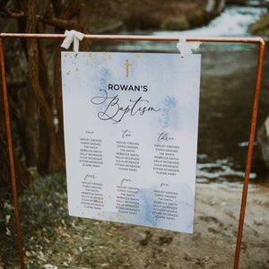 May include: A baptism seating chart with a watercolor design in blue and gold. The sign is held by a copper-colored metal stand. The text reads "Rowan's Baptism" with guest names listed below.