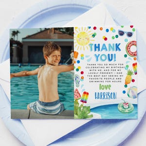 Modèle de carte de remerciement photo d'anniversaire à la piscine, anniversaire d'été à imprimer, remerciement, fête de baignade modifiable, téléchargement immédiat, #PP