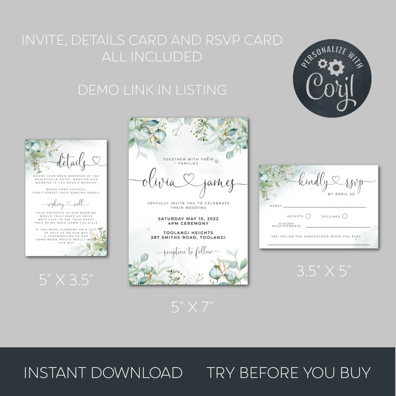 Greenery /& Gold Hearts Wedding Invitation Suite Template Printable Heart Font Invite Set Instant Download #EHF Eucalyptus RSVP Details