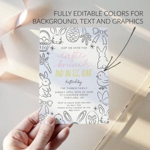 May include: A printable Easter brunch invitation with a white background and black line drawings of bunnies, chicks, eggs, and other Easter-themed imagery. The text reads "Hop on over for Easter brunch and an egg hunt" with the words "Easter" and "brunch" in pink and yellow. The invitation also includes the date, time, and location of the event.