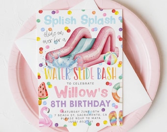 May include: A party invitation with a pink inflatable water slide illustration. The invitation reads "Splish Splash Water Slide Bash" to celebrate Willow's 8th birthday. The invitation is on a pink plate with a white envelope.