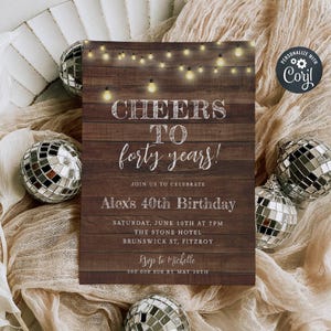 Modèle d'invitation d'anniversaire rustique, guirlande lumineuse pays imprimable, 40e édition tout âge, invitation d'anniversaire, téléchargement immédiat