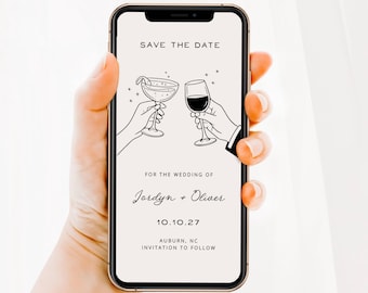 Electronic Save The Date Template, Editable Whimsical Drinks Wedding Announcement, Hand Drawn Doodles Evite, Digital Download
