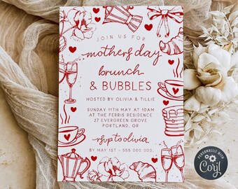 Mother's Day Brunch & Bubbles Invitation Template, Printable Hand Drawn Doodles Invite, Editable Breakfast For Moms Invite, Digital Download