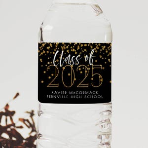 2025 Graduation Water Bottle Label Template, Printable Modern Black Confetti Water Bottle Wraps, Editable Grad Favors, Instant Download, #BG