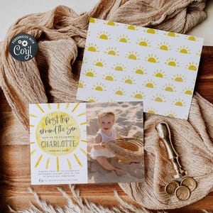 First Trip Around The Sun Photo Invitation Template, Printable Sunshine Birthday Invite, Editable Our Little Sunshine, Instant Download, #S1