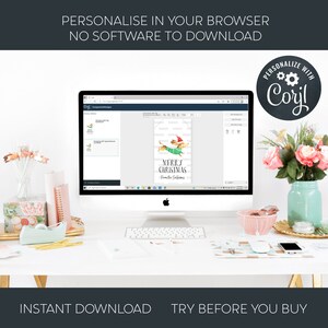 May include: A computer screen displaying a website with a Christmas gift tag design featuring a dachshund wearing a Santa hat and sweater. The text on the tag reads "Merry Christmas from the Selfors". The website is called "Coril" and allows users to personalize the design.