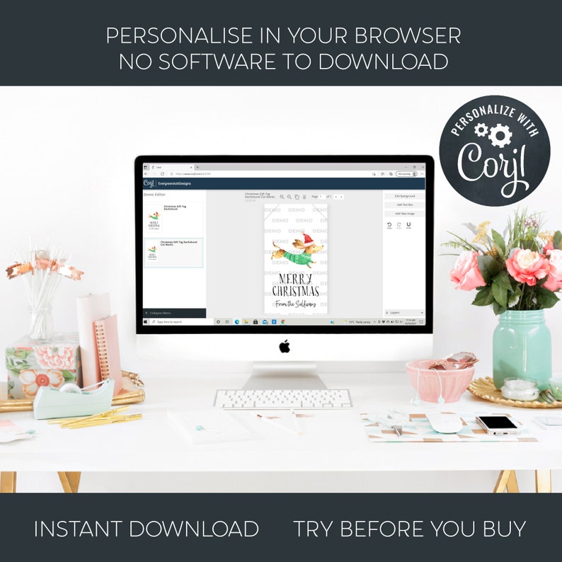 May include: A computer screen displaying a website with a Christmas gift tag design featuring a dachshund wearing a Santa hat and sweater. The text on the tag reads "Merry Christmas from the Selfors". The website is called "Coril" and allows users to personalize the design.