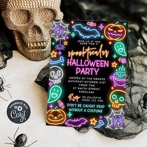 Neon Spooktacular Halloween Party Invitation Template, Printable Modern Spooky Invite, Editable Fun Halloween Birthday, Instant Download #HN