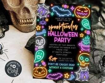 Neon Spooktacular Halloween Party Invitation Template, Printable Modern Spooky Invite, Editable Fun Halloween Birthday, Digital Download #HN