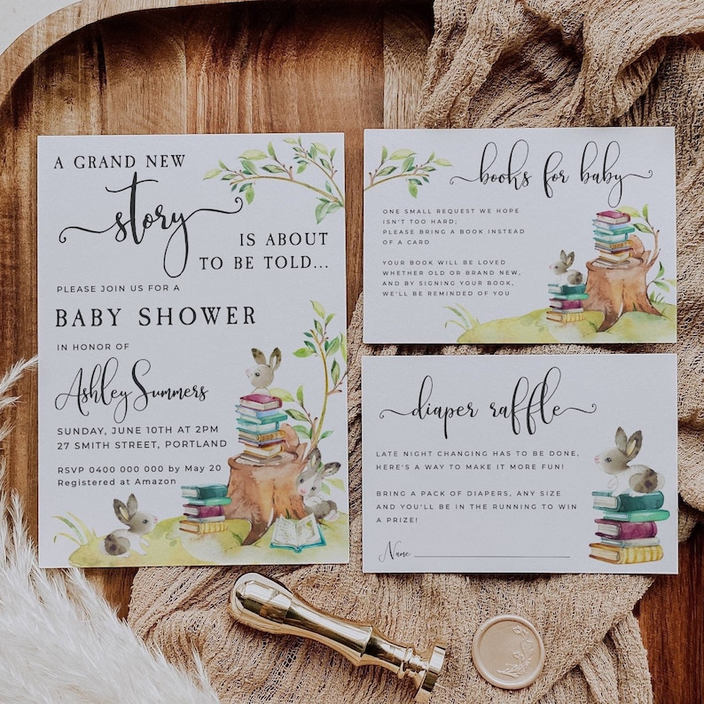 May include: A baby shower invitation with a woodland theme. The invitation features a watercolor illustration of a stack of books, a bunny rabbit, and a tree stump. The text on the invitation reads "A Grand New Story is About to Be Told..." and includes details about the shower, including the date, time, location, and RSVP information. There are also two additional cards for guests to participate in a book exchange and a diaper raffle.