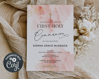 Editable Blush Pink & Gold First Holy Communion Invitation Template, Printable Girl Watercolor 1st Communion Invite, Instant Download, #PB