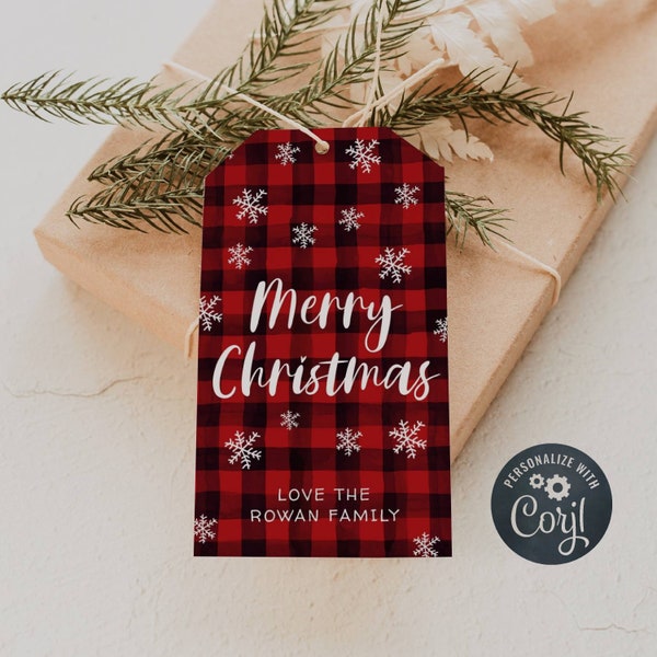 Buffalo Plaid Christmas Gift Tag Template, Printable Holiday Favor Tag, Editable Snowflakes Rustic Christmas Present Tag, Instant Download