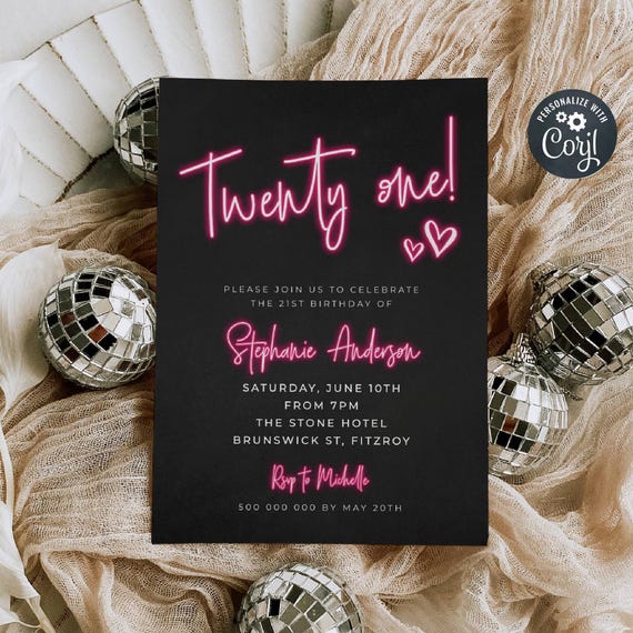 Neon 21st Birthday Party Invitation Template, Printable Twenty One Invite, Editable Modern Neon Sign Invite, Any Age Party, Instant Download