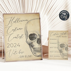 Halloween-Kostüm Contest Schild Vorlage, druckbare Vintage Skull Kostüm Wahlzettel, bearbeitbare Halloween Abstimmung, Sofort Download, #VS
