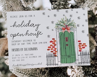 Holiday Open House Invitation Template, Printable Christmas Party Invite, Editable Holiday Housewarming Party Door Invite, Digital Download