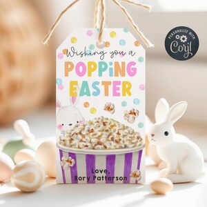 Modello di etichetta regalo per popcorn di Pasqua, etichette stampabili per bomboniere di Pasqua Have A Popping, etichetta modificabile per dolcetti di classe scolastica con coniglietto, download immediato