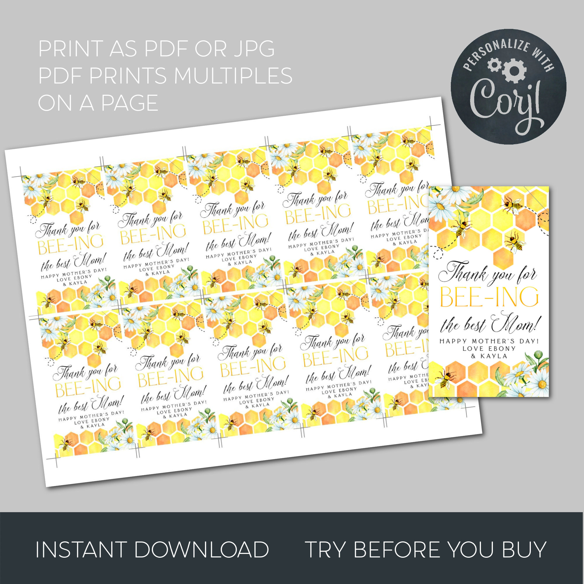 Mother's Day Honey Bee Gift Tag Template Printable - Etsy Australia