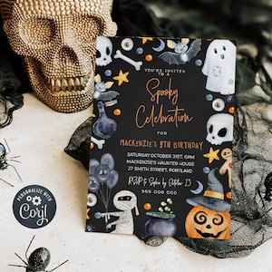 Halloween Birthday Invitation Template, Printable Kids Halloween Invite, Editable Spooky Celebration Costume Party, Instant Download, #H5