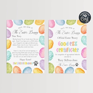 Plantilla de carta de conejito de Pascua y certificado de huevo de Pascua, certificado imprimible de huevo de Pascua, correo oficial editable, descarga instantánea, #E1