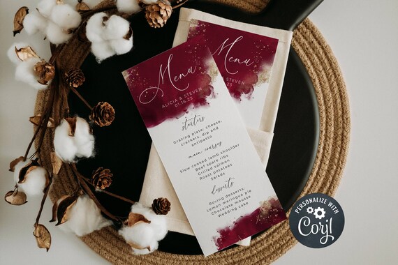 Burgundy Watercolor Menu Template Printable Maroon &amp; Gold - Etsy