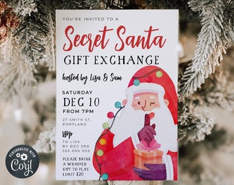 May include: A white invitation card with red text announcing a Secret Santa gift exchange hosted by Lisa & Sam on Saturday, December 10th from 7 PM at 27 Smith St, Portland. The card features a cartoon illustration of Santa Claus holding a wrapped gift.